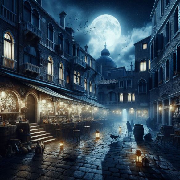 Uno scorcio veneziano del 1200 di notte immaginato da Copilot AI
