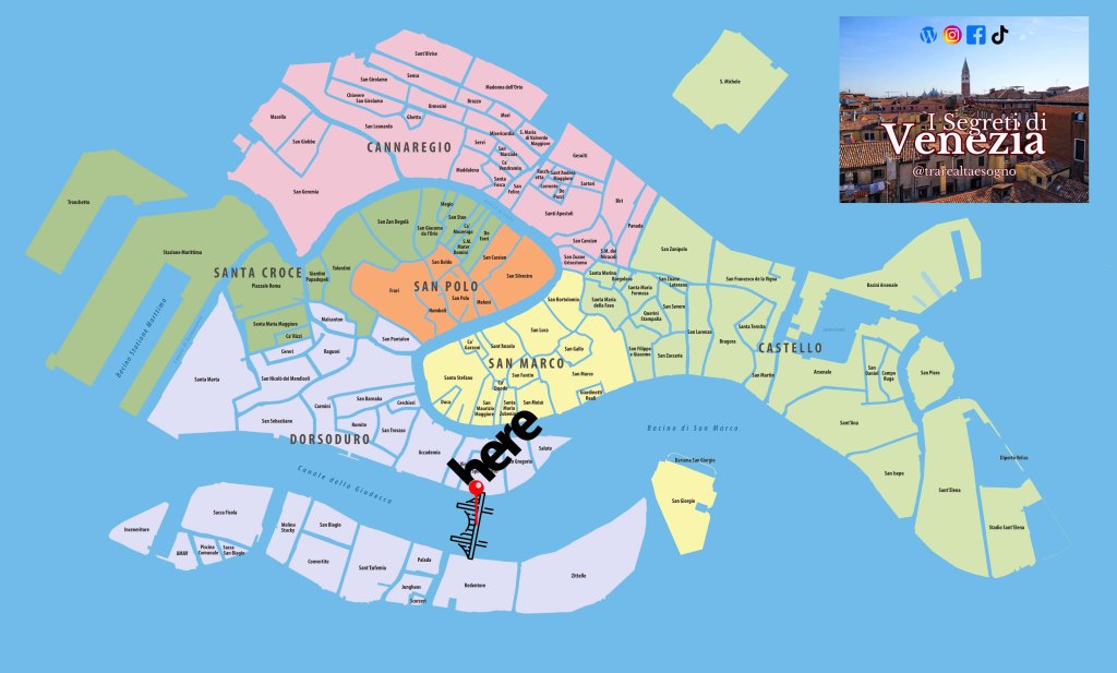 mappa della posizione e vista metaforica del ponte votivo del redentore tra dorsoduro e giudecca (dorsosduro)