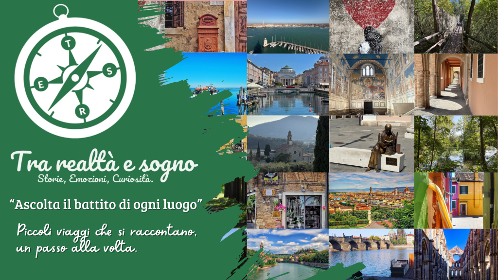 Trarealtaesogno – Logo con bussola e motto ‘Storie, Emozioni, Curiosità’. Slogan: ‘Ascolta il battito di ogni luogo – Piccoli viaggi che si raccontano, un passo alla volta’. Sfondo verde con collage di città italiane e paesaggi suggestivi.