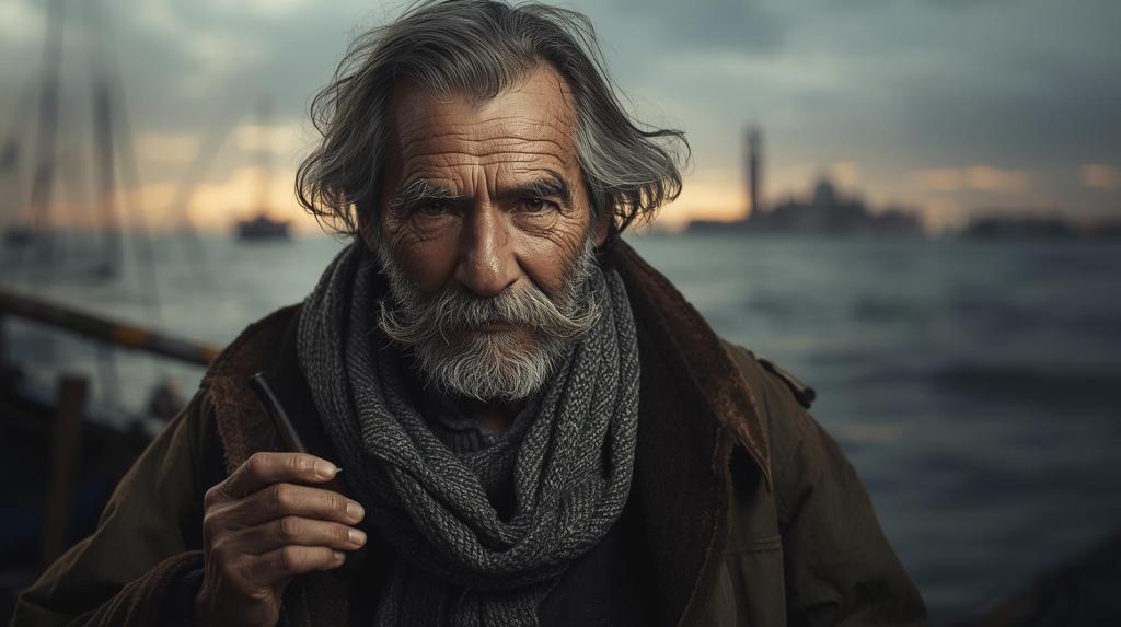 pietro un pescatore intento a rammendare le sue reti fumando la pipa