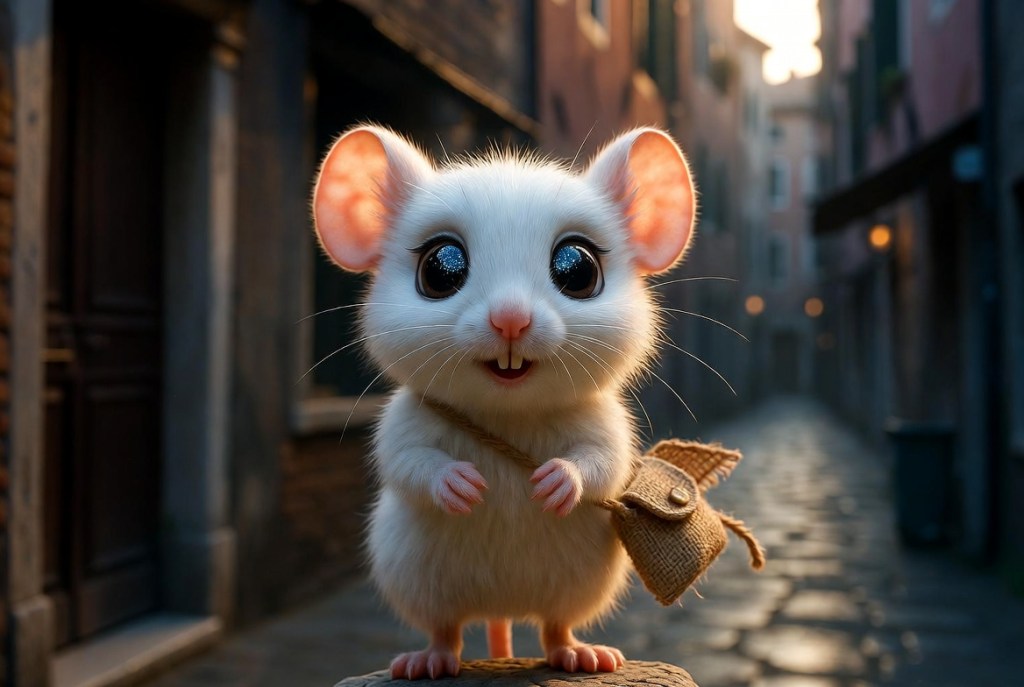 Patty la topolina bianca e la sua bisaccia di iuta